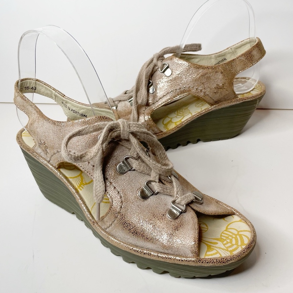 Fly London Ylfa Lace Up Wedge Metallic Sandal